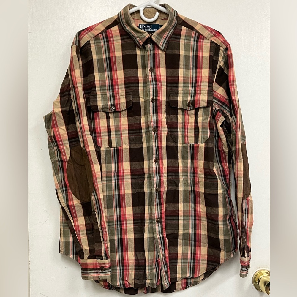 Vintage POLO Ralph Lauren Plaid Chest Pocket Elbow Patch Button Down Shirt LARGE